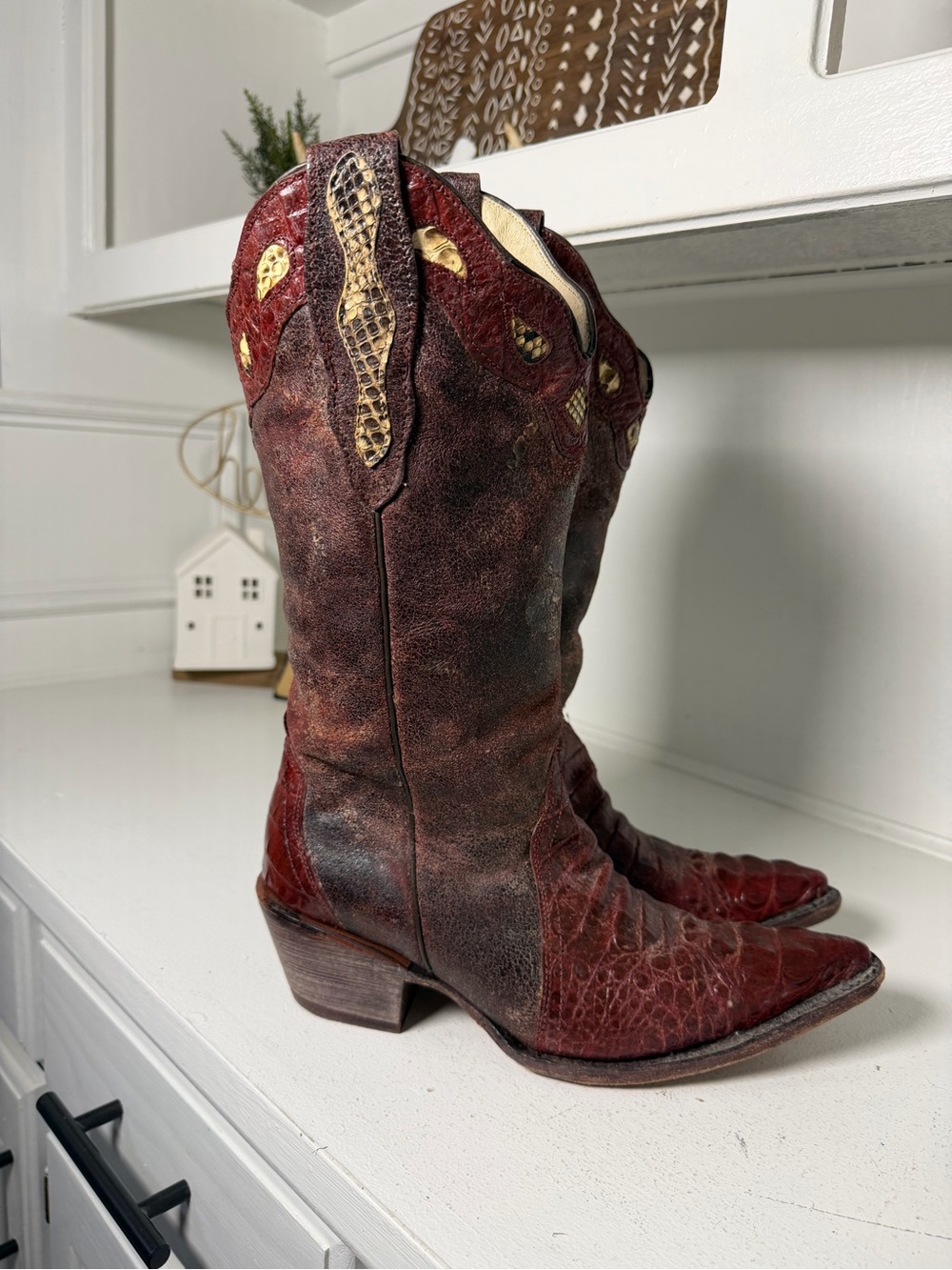Buitre Cowboy Boots Women's 9 Brown Exotic Leather Western Boots Python Croc - Picture 5 of 9
